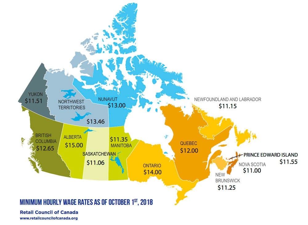 Trabajo Canadá mapa de Canadá con el mínimo de los salarios por ciudad